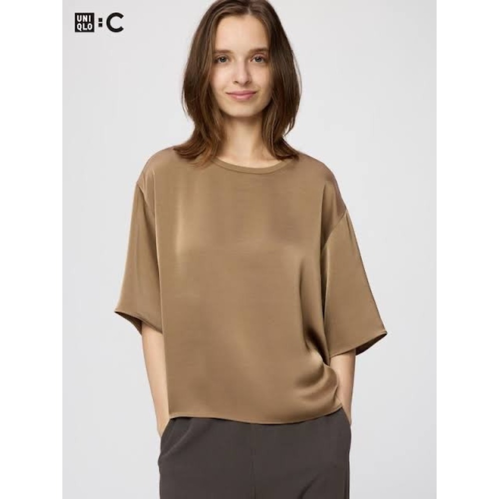 Uniqlo C Satin Blouse Brown EUC Oversized Cropped Fall Layer Classic Capsule M